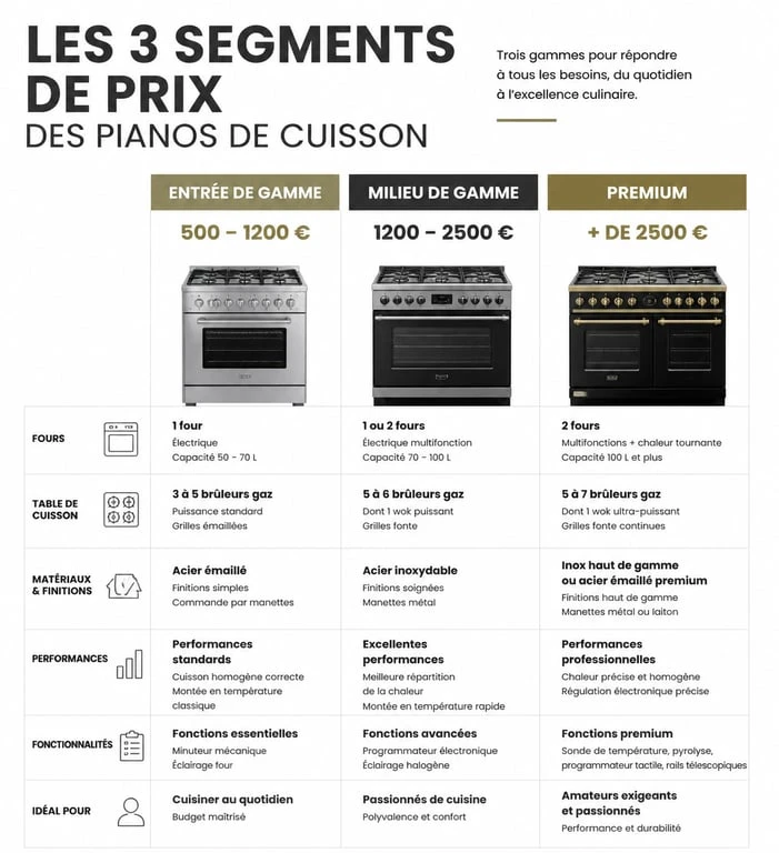 Infographie comparative des prix des pianos de cuisson par segment de gamme