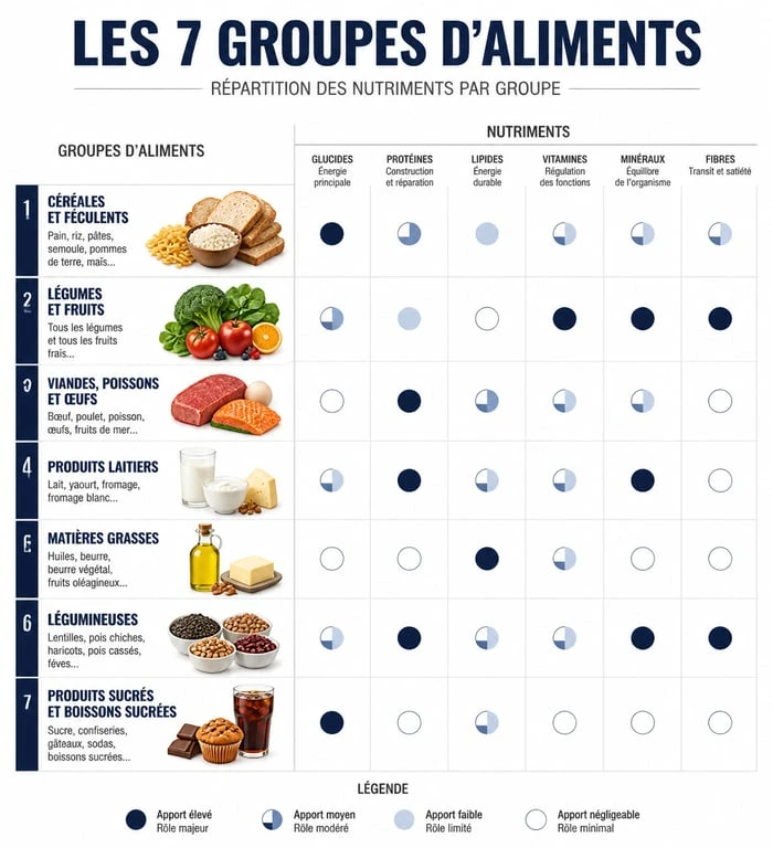 Infographie des 7 groupes d'aliments pour un équilibre alimentaire optimal