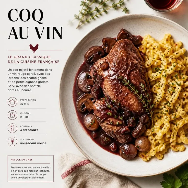 Coq au vin traditionnel servi avec des spätzle maison, un accompagnement idéal pour sublimer la sauce.