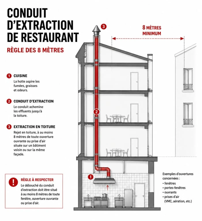 Schéma technique d'installation d'extraction de restaurant en copropriété respectant la règle des 8 mètres