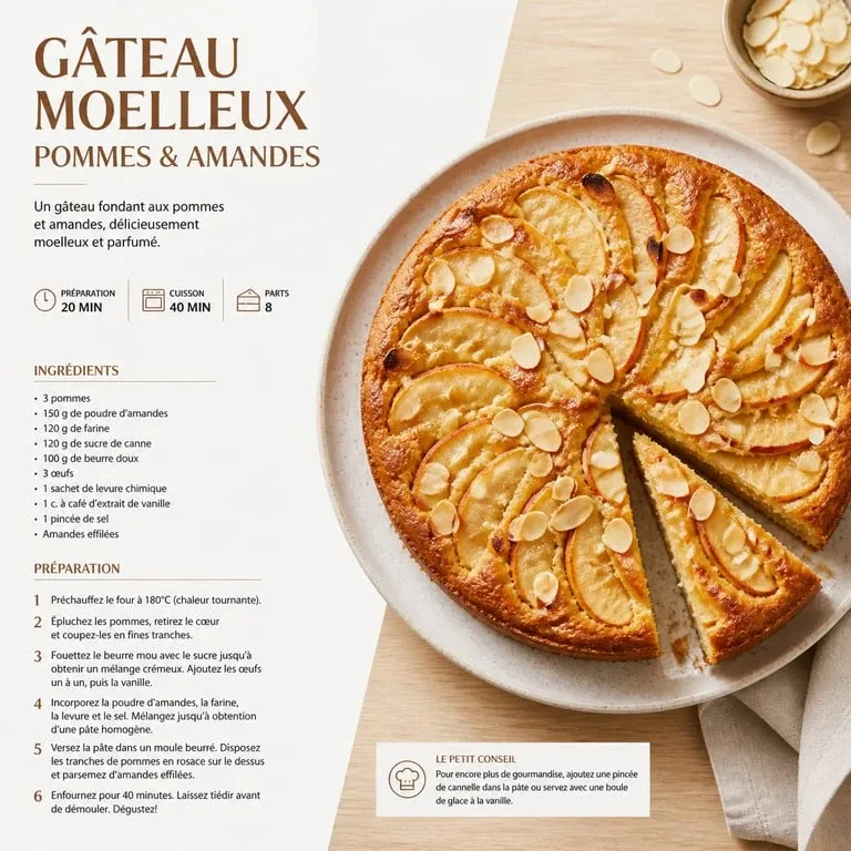 Gâteau moelleux aux pommes et amandes sans sucre pour diabétique sur une assiette