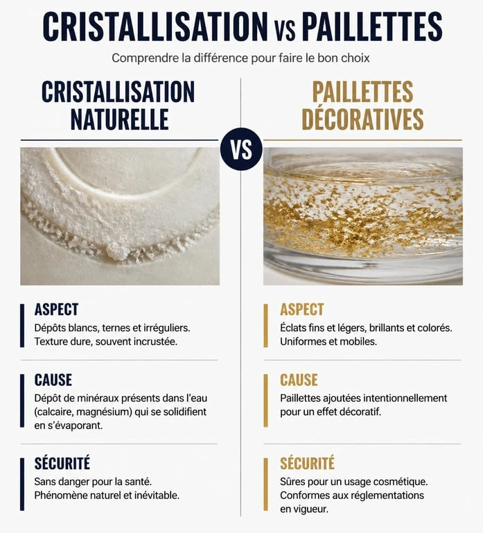 Infographie comparative des types de paillettes dans le Ricard : cristallisation naturelle versus paillettes décoratives.