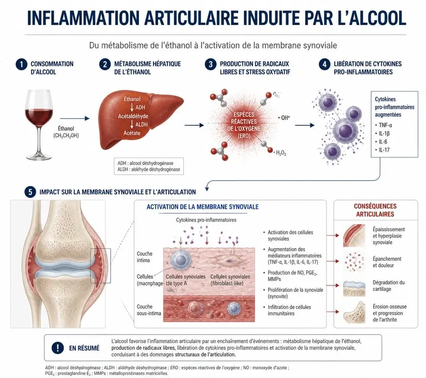 Schéma des mécanismes biologiques de l'inflammation articulaire liée à la consommation d'alcool