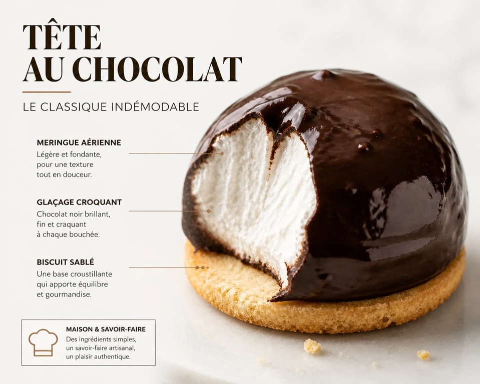 Tête au chocolat, pâtisserie traditionnelle française revisitée avec un glaçage au chocolat noir brillant.