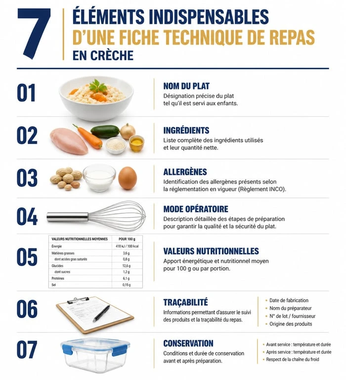 Infographie des éléments clés d'une fiche technique repas en crèche conforme aux normes HACCP