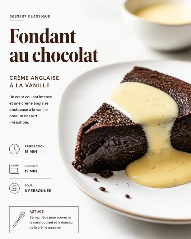 Part de gâteau au chocolat nappée de crème anglaise pour accompagner un dessert