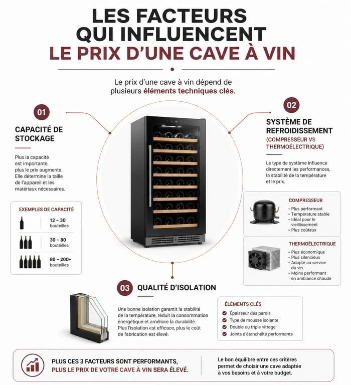 Infographie des facteurs techniques influençant le prix cave à vin et la conservation des bouteilles