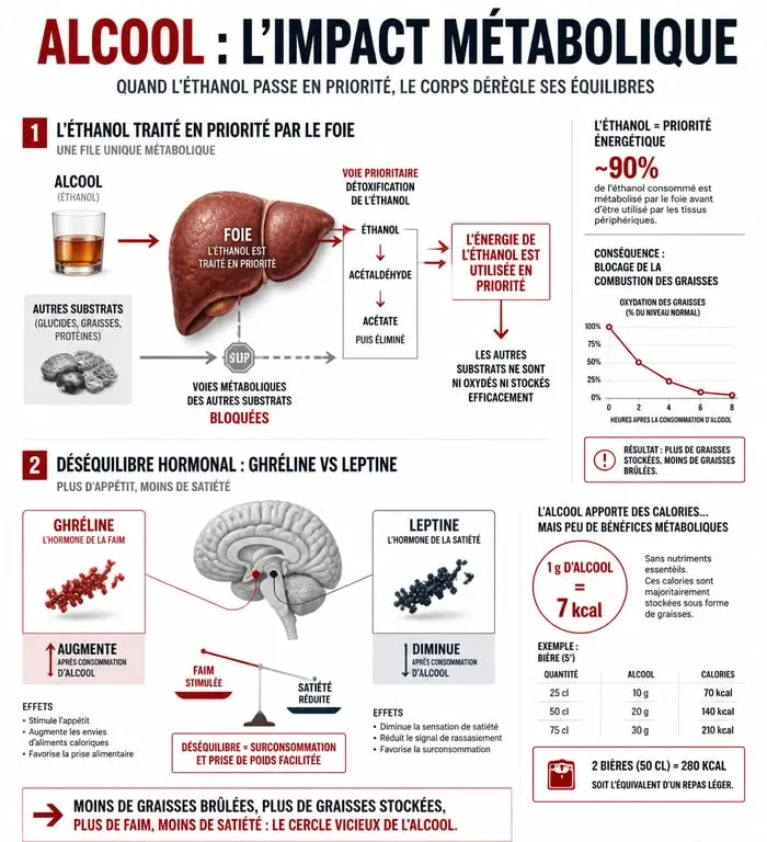 Infographie expliquant l'impact de l'alcool et la prise de poids sur le métabolisme et les hormones