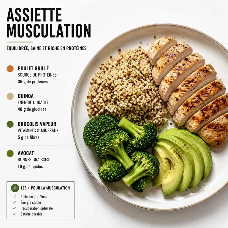 Assiette équilibrée riche en protéines pour la musculation avec poulet et quinoa