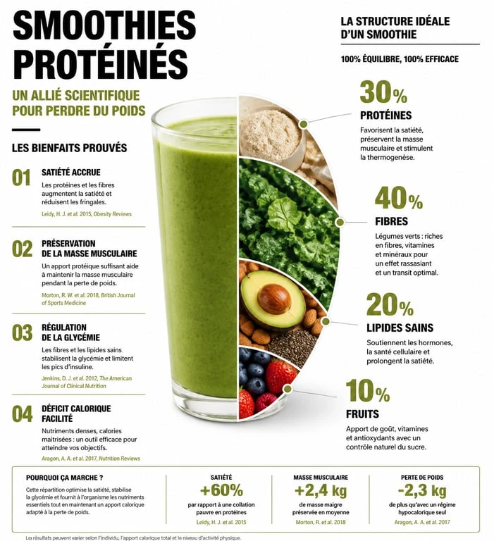 Infographie sur les bienfaits d'un smoothie protéiné pour maigrir et sa composition nutritionnelle idéale