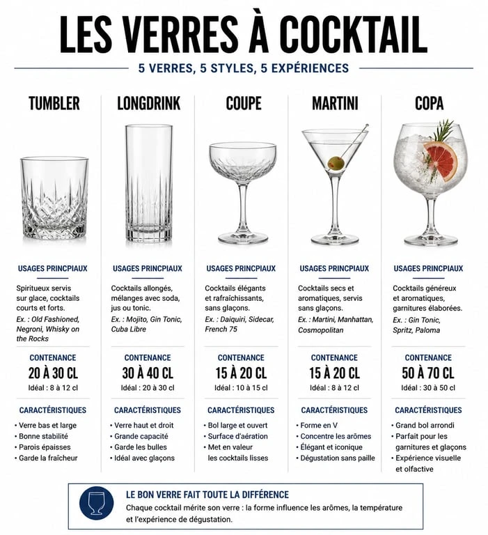 Comparatif visuel des différents types de cocktailgläser pour choisir le verre adapté à chaque recette
