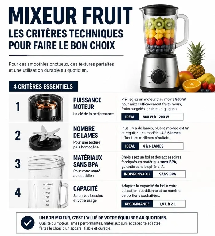 Infographie des critères de choix pour un mixeur fruit performant
