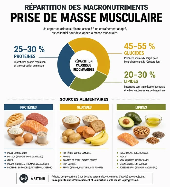 Infographie sur la répartition des macronutriments pour un régime de prise de masse musculaire