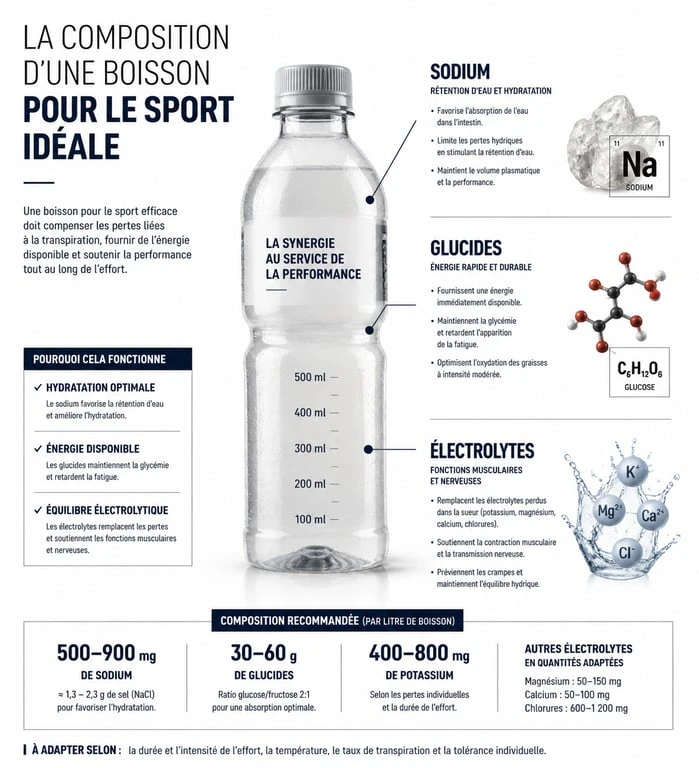 Infographie sur la composition idéale d'une boisson pour le sport pour optimiser l'hydratation et la performance.