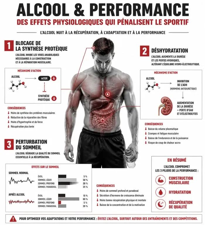 Infographie des effets de l'alcool sur la performance sportive et la récupération musculaire
