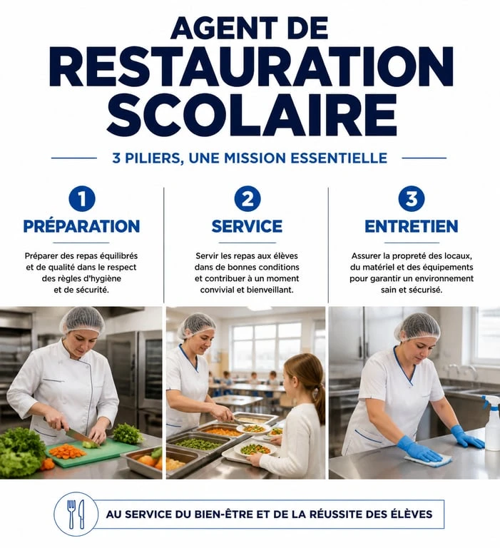Infographie des missions d'un agent de restauration collective scolaire