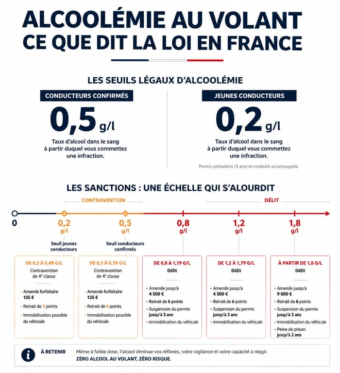 Infographie des seuils légaux et sanctions pour l'alcool au volant en France