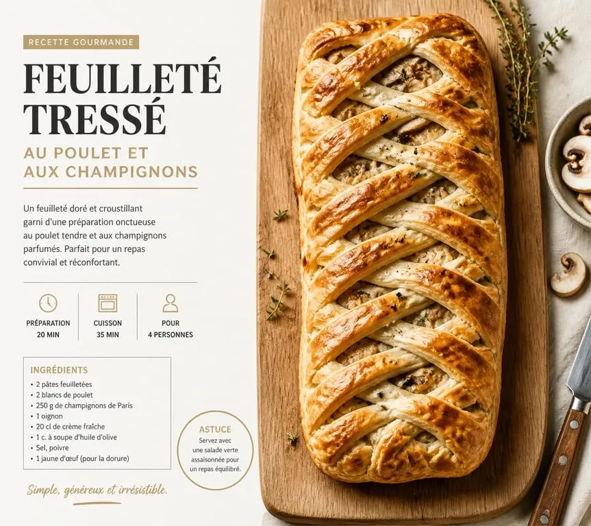 Feuilleté tressé au poulet et aux champignons de Paris, recette avec de la pâte feuilletée
