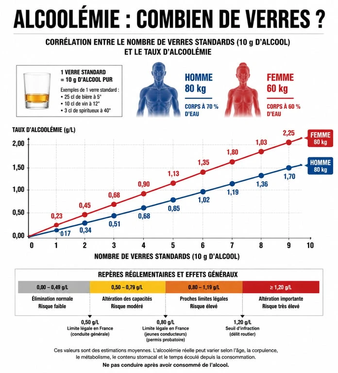 Infographie sur le taux d'alcoolémie et le nombre de verres standards pour la sécurité routière