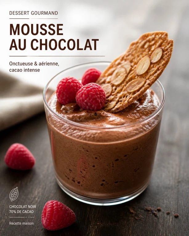 Mousse au chocolat accompagnée de framboises et tuiles aux amandes pour un dessert raffiné