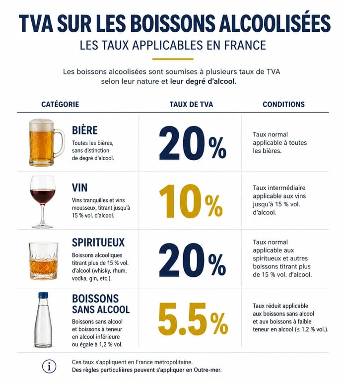 Infographie récapitulative des taux de TVA sur l'alcool en France selon le type de boisson et le mode de consommation