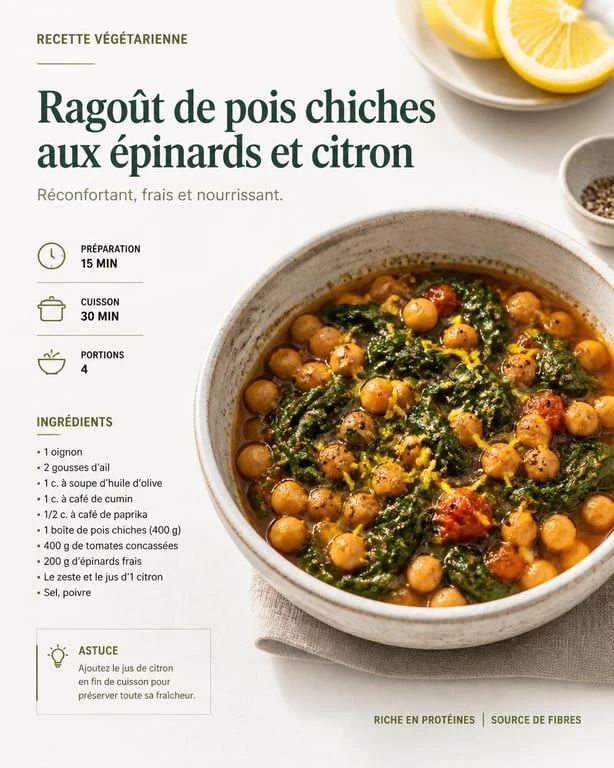 Ragoût de pois chiches aux épinards et citron, plat emblématique du menu type régime méditerranéen.