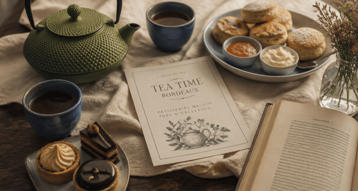 Salon de thé Bordeaux, table avec théière, scones et pâtisseries