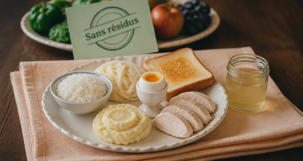 Aliments sans fibres liste pour régime sans résidus : riz, pâtes, pain de mie, poulet, œufs, bouillon clair.