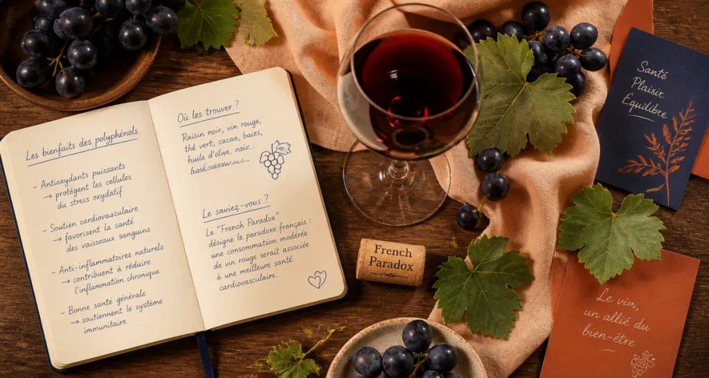 bienfaits du vin rouge table verre raisins carnet