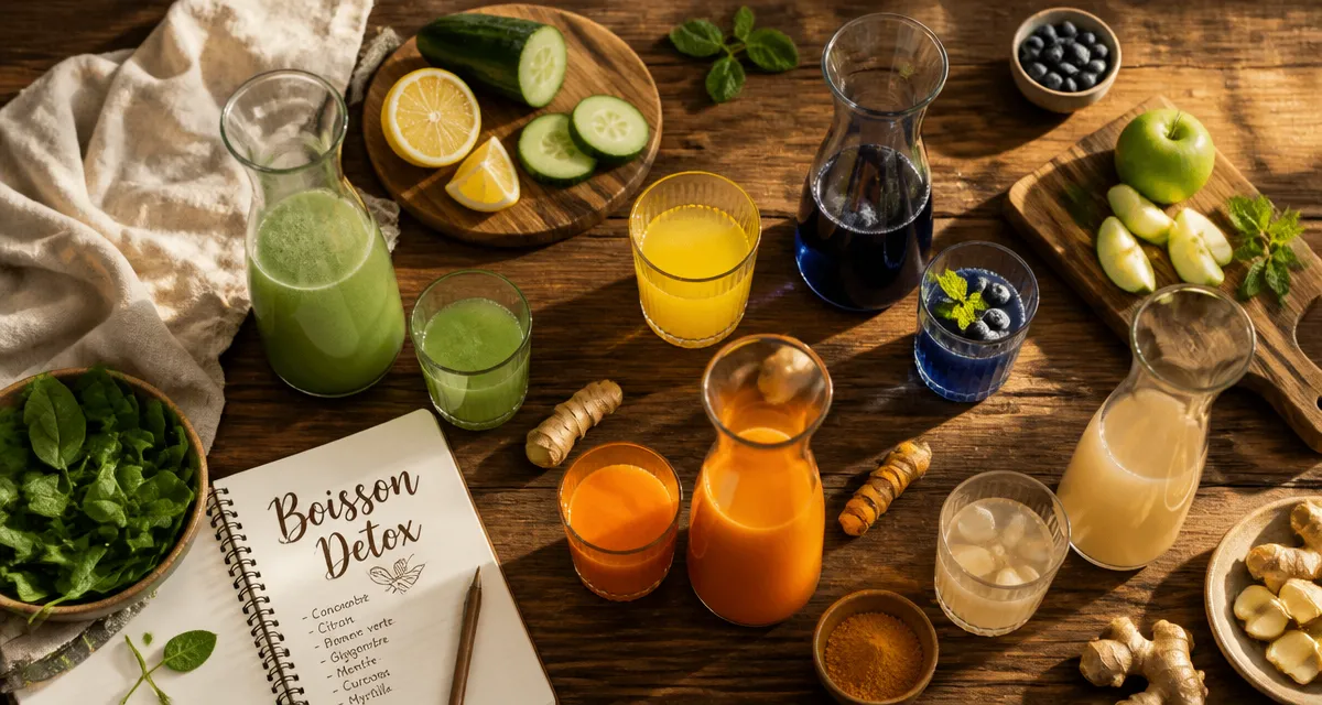 Boisson detox pour maigrir, verres colorés et ingrédients frais