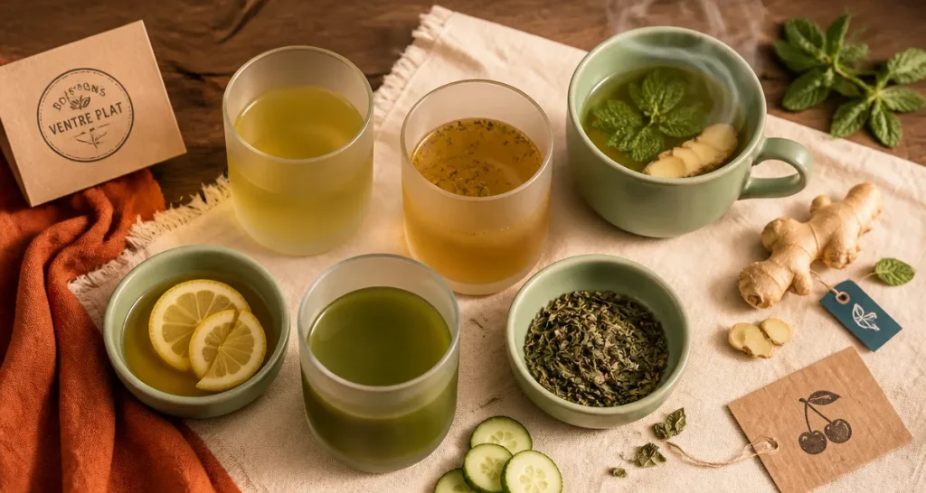 Boisson pour perdre du ventre : thé vert, maté, infusion gingembre et vinaigre de cidre au citron