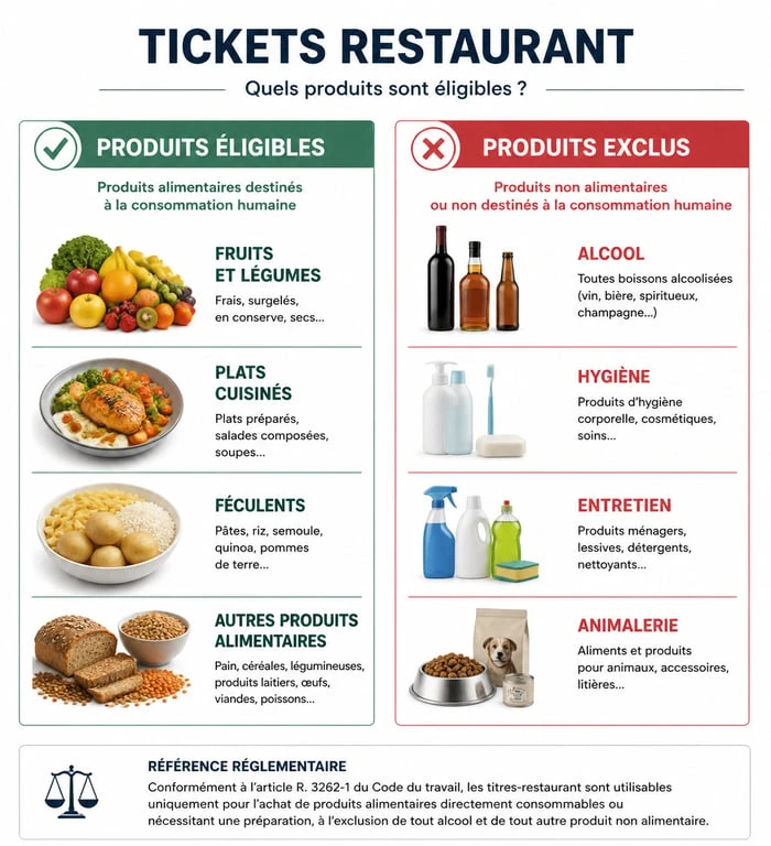 Infographie des produits éligibles et exclus pour les tickets restaurant 2025