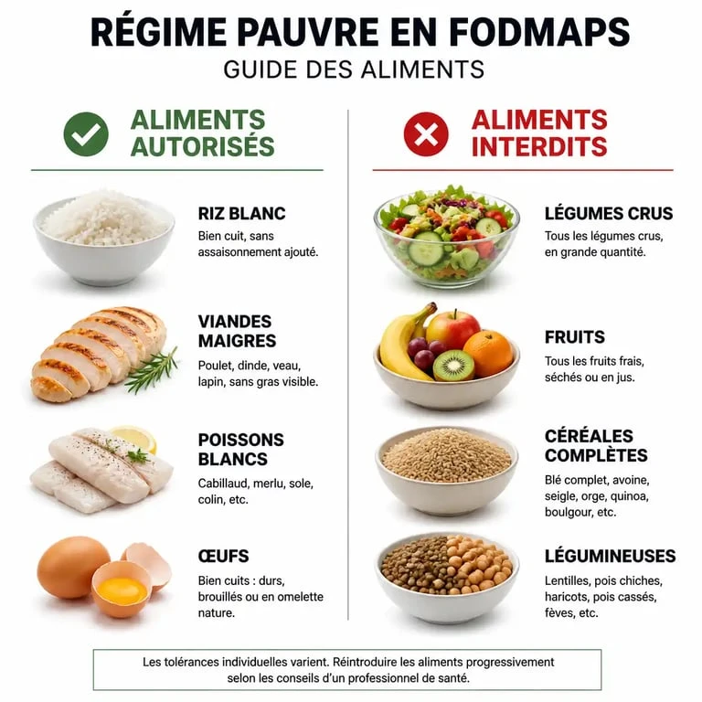 Infographie comparative des aliments autorisés et interdits dans le cadre d'un régime sans fibres pour coloscopie