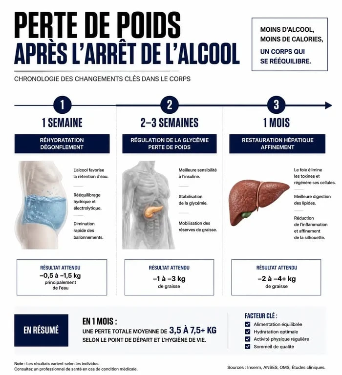 Infographie sur les effets de l'arrêt de l'alcool sur la perte de poids et la transformation physique