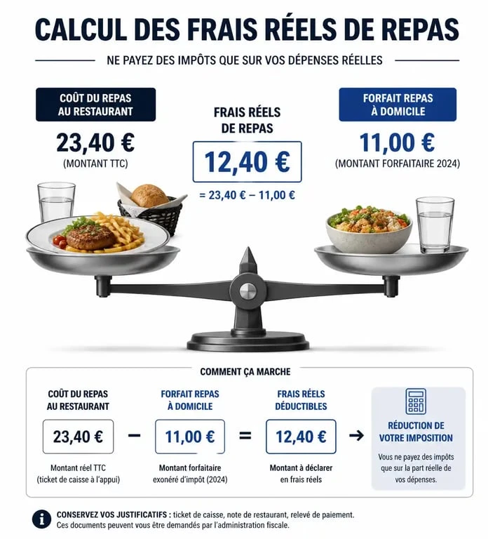Infographie explicative du calcul des frais réels de repas pour la déclaration d'impôts