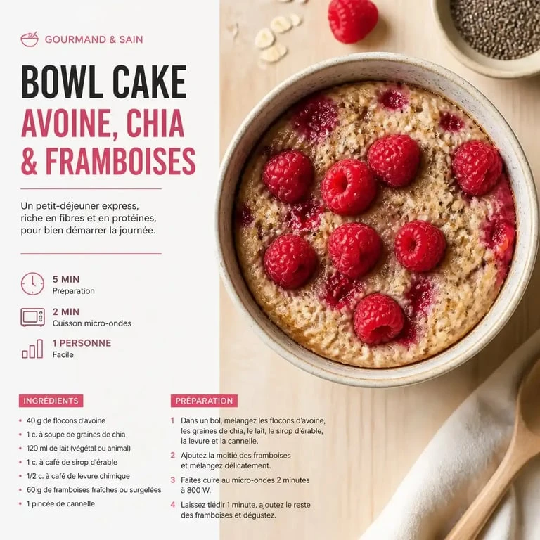 Bowl cake à l'avoine et aux framboises, une recette pour maigrir le ventre saine et gourmande.