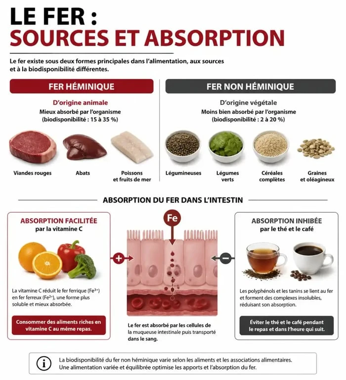 Infographie sur les sources de fer et les conseils pour optimiser l'absorption du fer dans l'alimentation