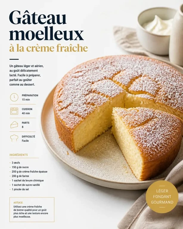 Gâteau moelleux rapide à la crème fraîche dans une assiette