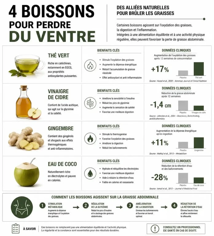 Infographie des meilleures boissons pour perdre du ventre et réduire la graisse abdominale