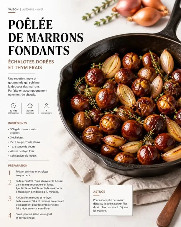 Poêlée de marrons fondante aux échalotes et thym, une recette de marron gourmande et facile.