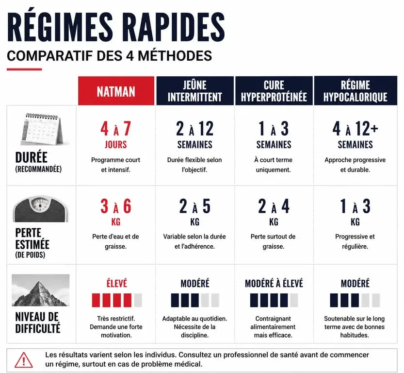 Tableau comparatif des méthodes de régime rapide et efficace pour la perte de poids