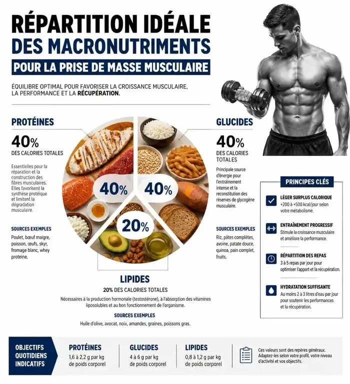Infographie sur la répartition des macronutriments pour une prise de masse musculaire efficace