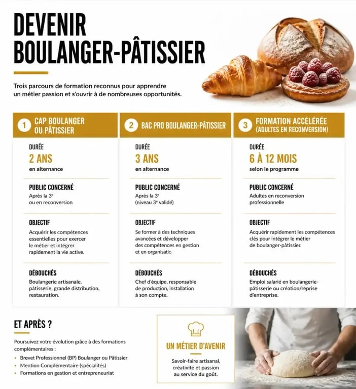 Infographie des formations pour devenir boulanger pâtissier : CAP, Bac Pro et reconversion
