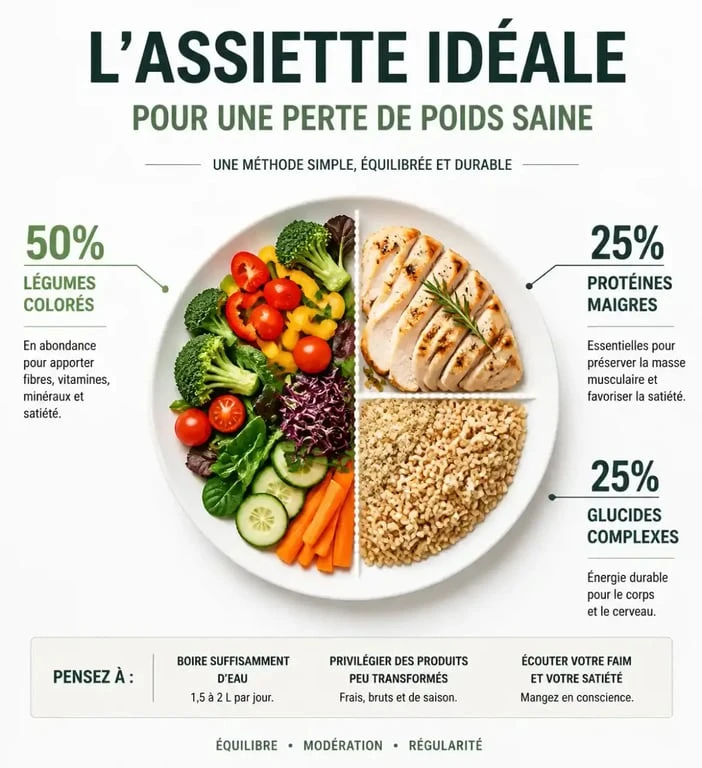 Infographie illustrant la méthode de l'assiette idéale pour un plan alimentaire pour perte de poids équilibré