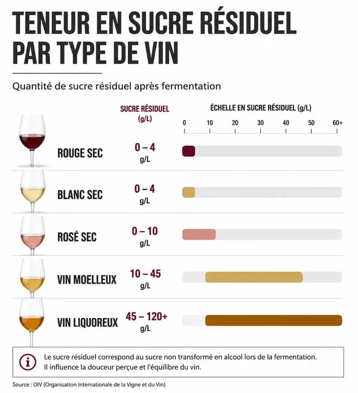 Infographie comparative de la teneur en sucre dans un verre de vin selon le type de vin