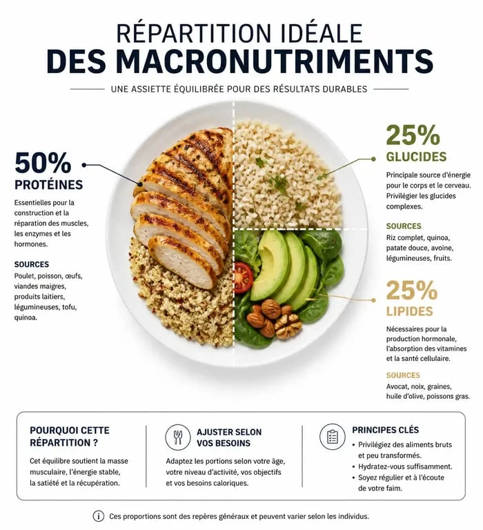 Infographie sur la répartition des macronutriments pour un plan alimentaire nutritionniste équilibré