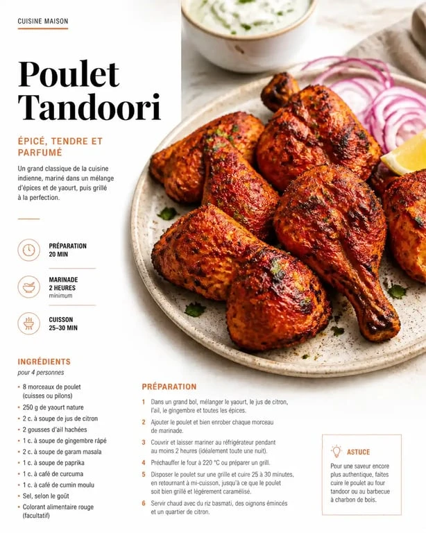 Plat de poulet tandoori maison dans un restaurant halal à Villeurbanne