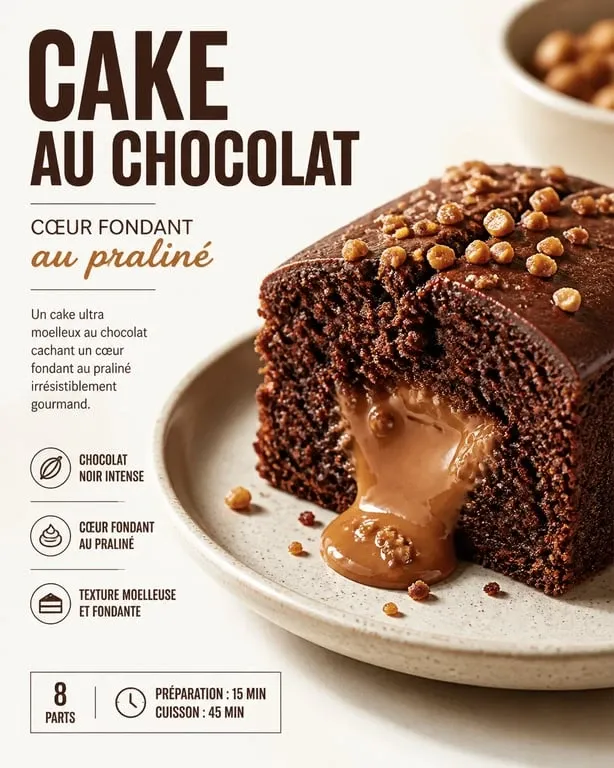 Cake au chocolat et cœur fondant au praliné, une recette gourmande et moelleuse