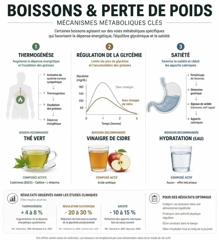 Infographie sur les mécanismes des boissons pour perdre du poids et leur action sur le métabolisme