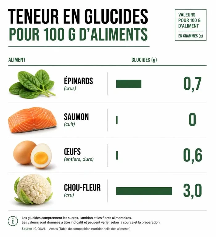 Infographie comparative des aliments pauvres en glucide et leur teneur nutritionnelle pour un régime low carb